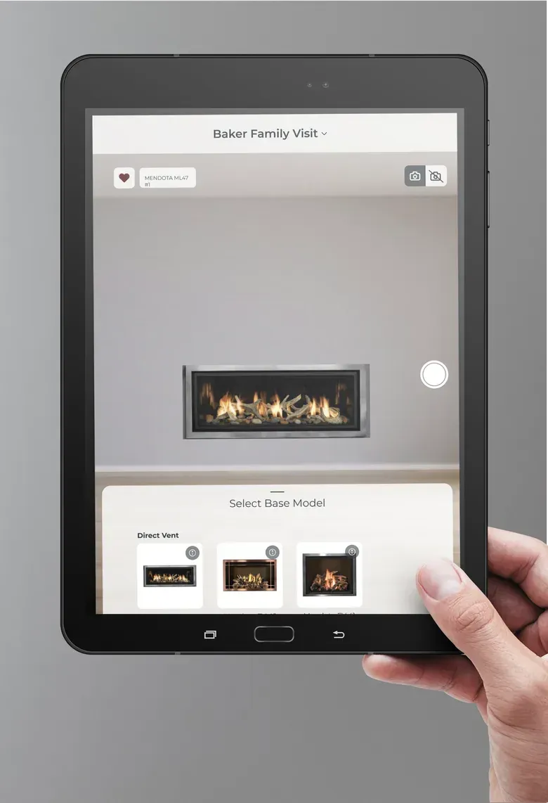 A model picker at the bottom of the screen with a linear gas fireplace placed on the wall.