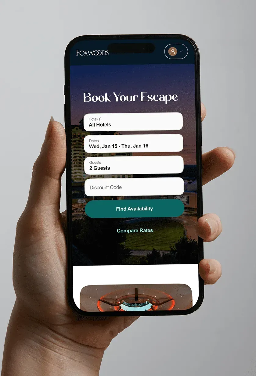 The mobile app's Book Your Escape screen with dates, guests, and a find availability button.