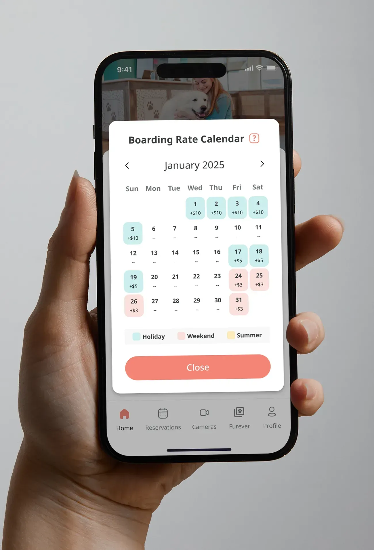 The boarding rate calendar in the app, with dates and pricing tiers.