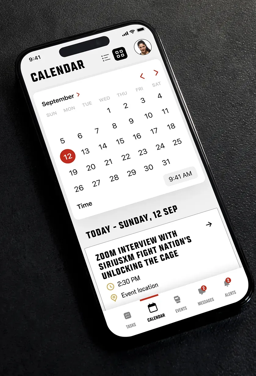 The Calendar screen with a month view and the day's schedule listed below.