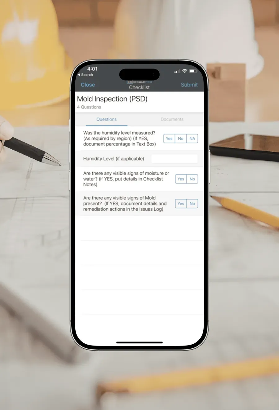 An inspection checklist with yes and no answers for each question.