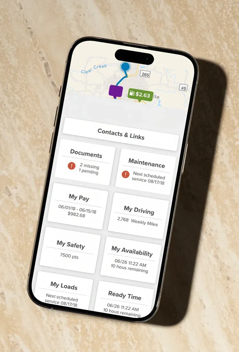 The driver app's Contacts and Links screen on a phone, with tiles for documents, maintenance, pay, driving and safety.