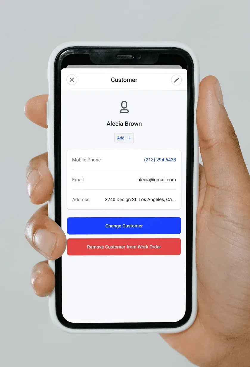 A customer record with contact details and vehicle actions.