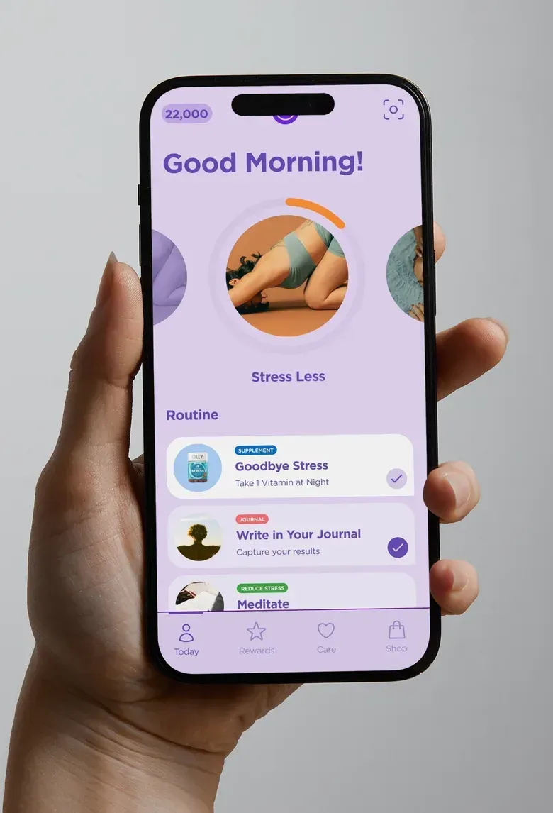 A concept daily screen with a morning greeting, a progress ring and a routine checklist of supplements and wellness habits.