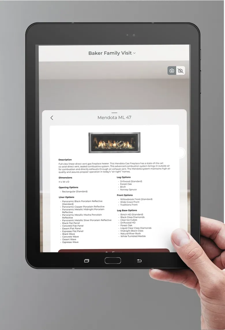 A product detail panel showing a fireplace photo, description, specifications and options.