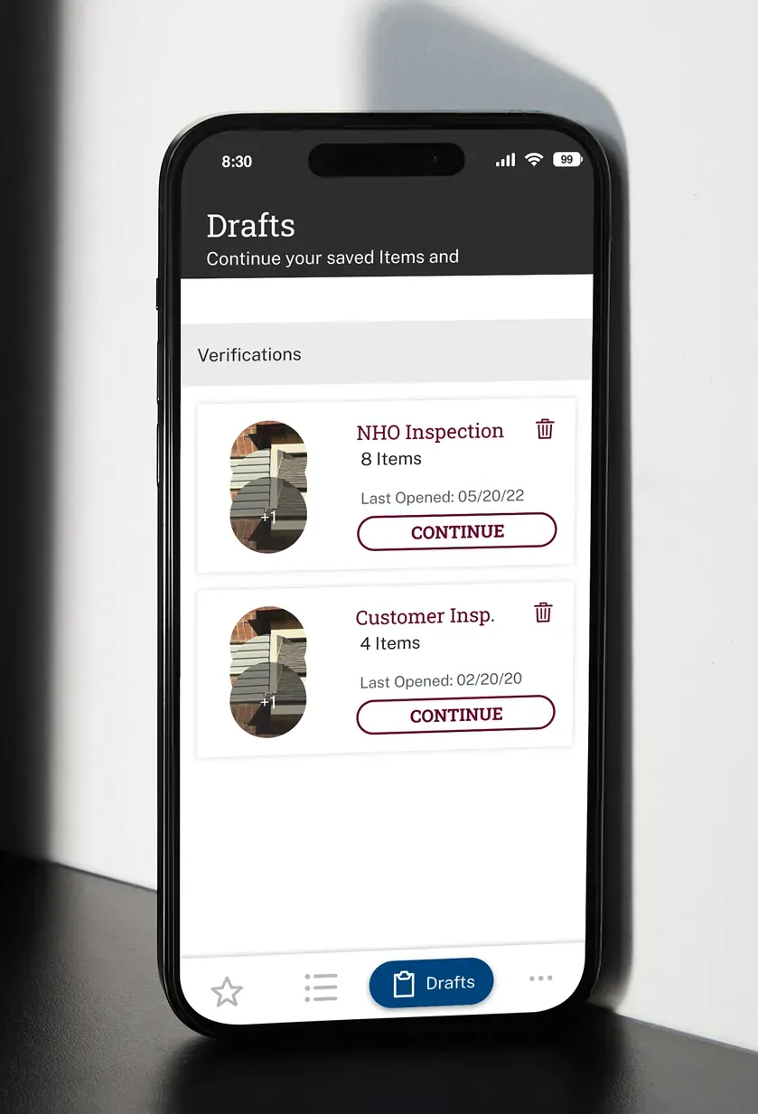 The Drafts screen with two saved inspections, each showing its item count and a Continue button.