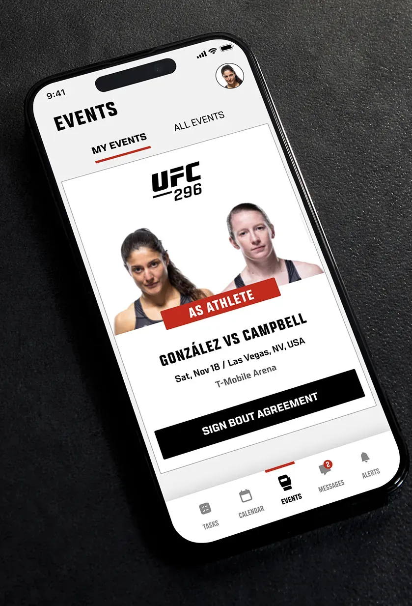 The Events screen of the UFC app showing an upcoming bout, the fighter's role, and a button to sign the bout agreement.