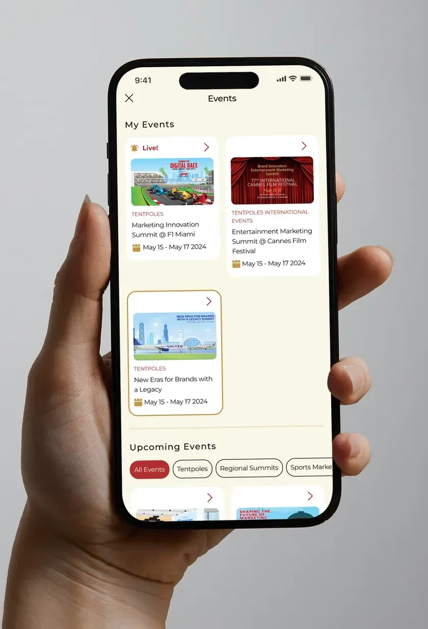 The events list with a live event at the top and upcoming events below.