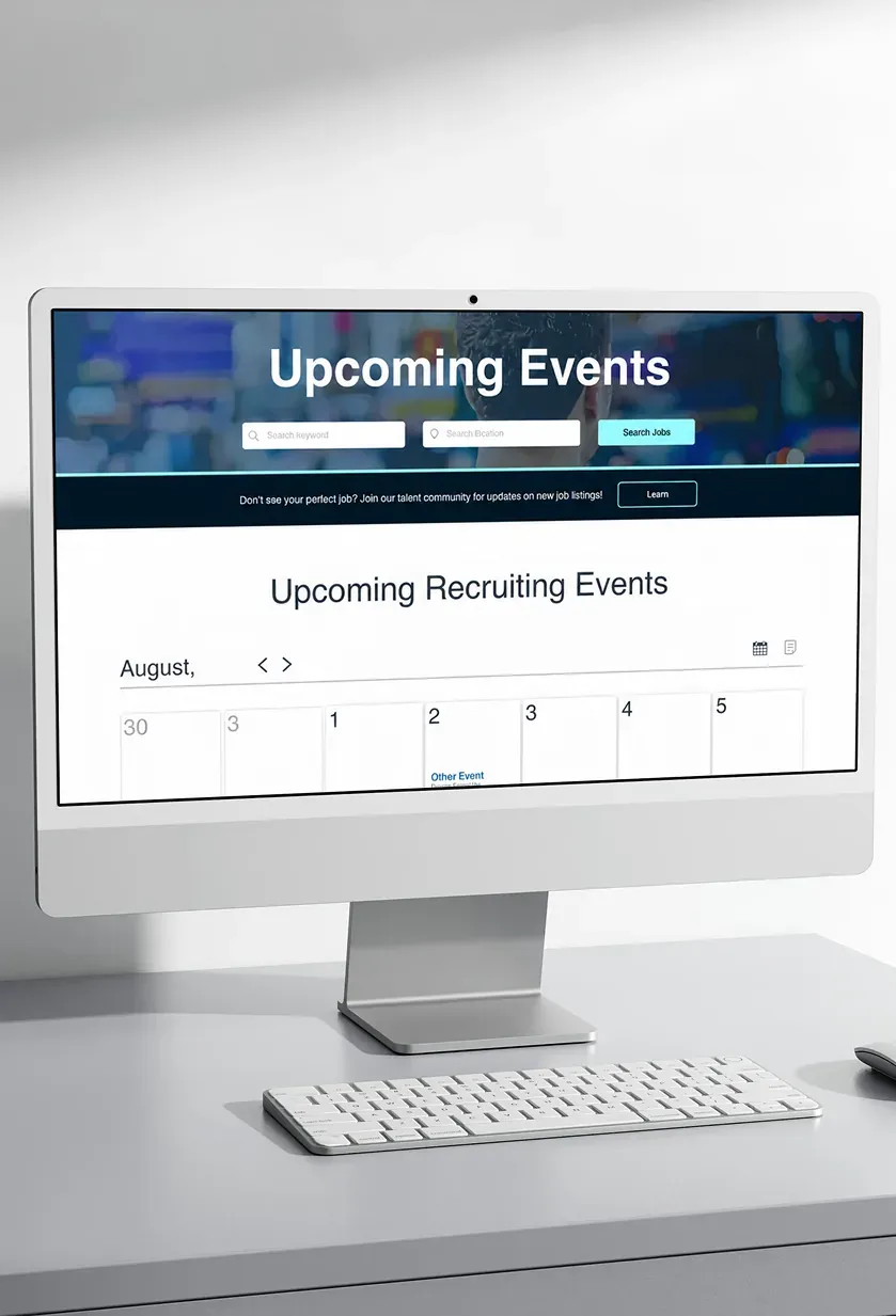 An upcoming recruiting events page design on a desktop monitor, with a monthly calendar and an event search bar.