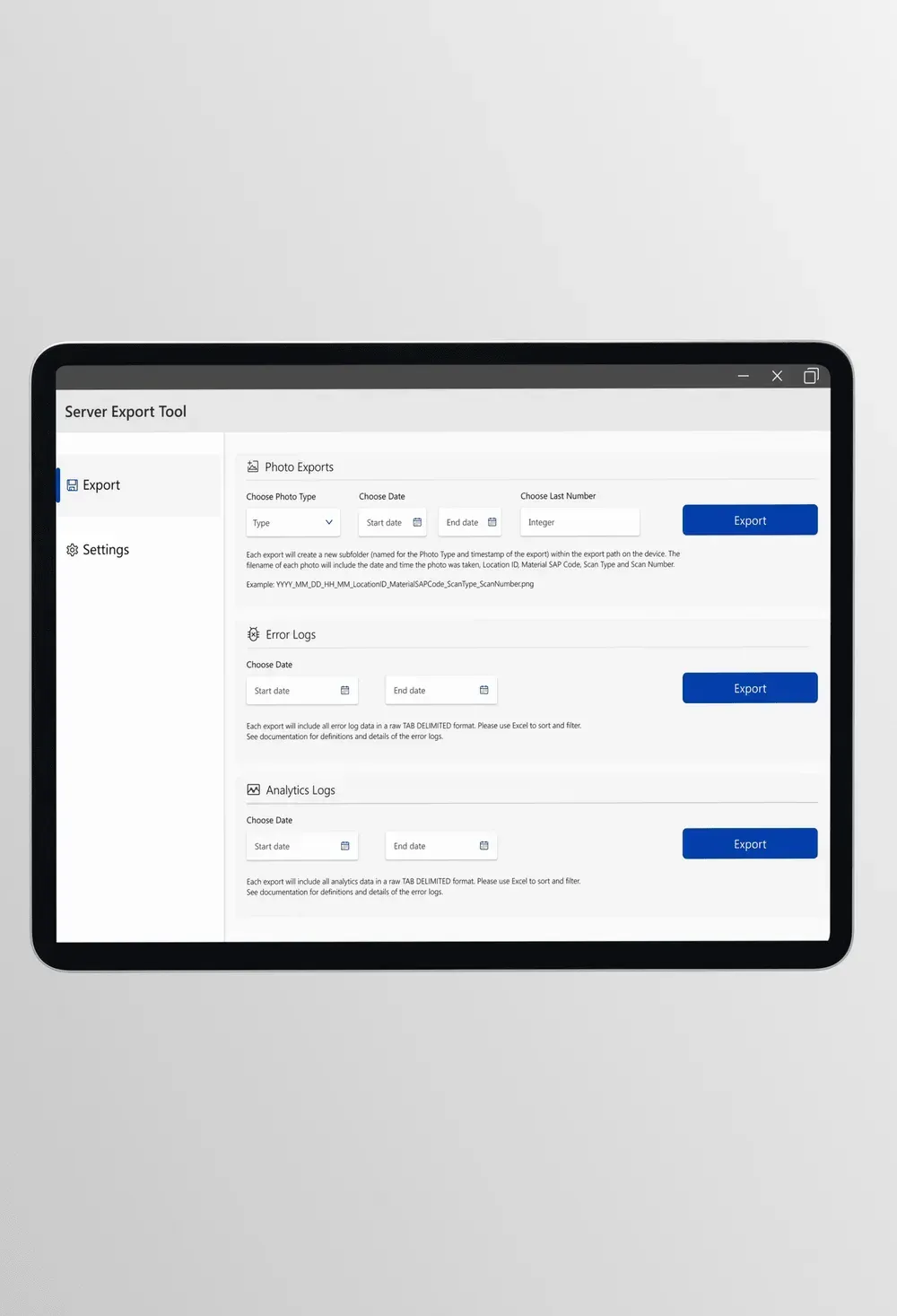 The server export tool, with options to export photos, error logs, and analytics logs by date range.