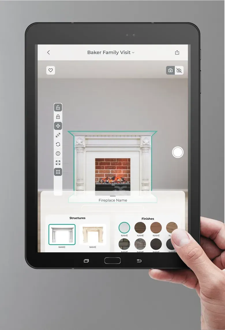 A panel for choosing a fireplace structure and finish color above the placed fireplace.