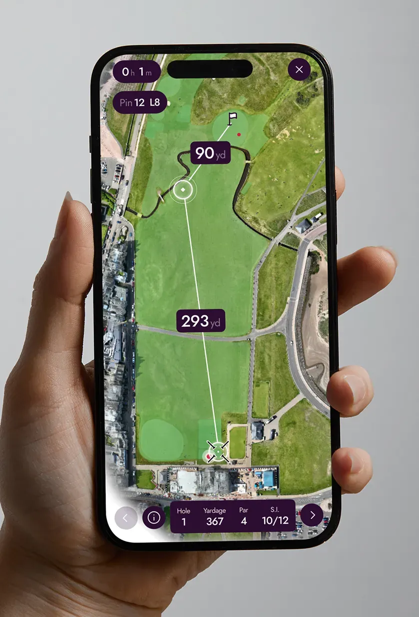 A GPS course map showing yardage to the green.