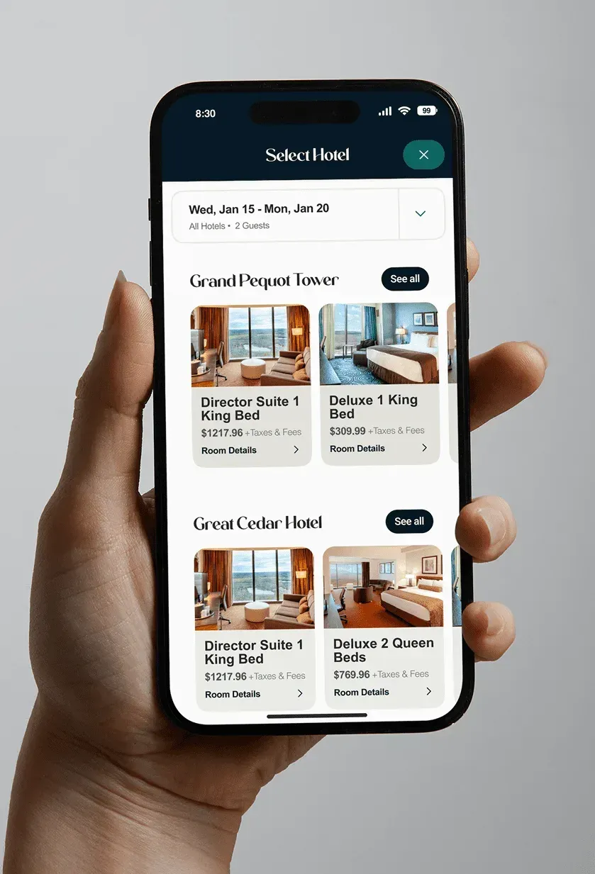 The mobile app's hotel selection screen with room types and rates for two hotel towers.