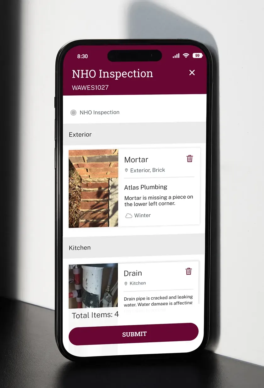 The Inspection screen listing a mortar issue under Exterior and a drain issue under Kitchen, with a Submit button.