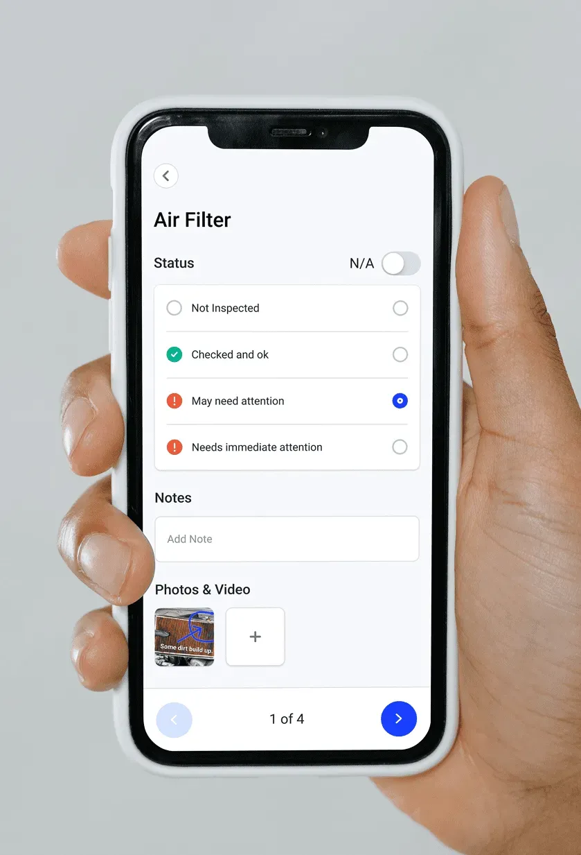 An inspection item with status choices, notes and a photo carousel.