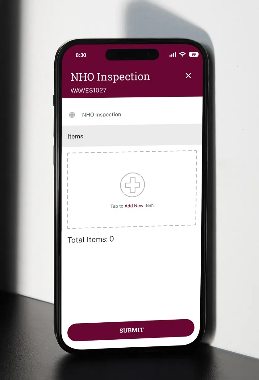 The Inspection screen with an empty list of items and a Submit button.