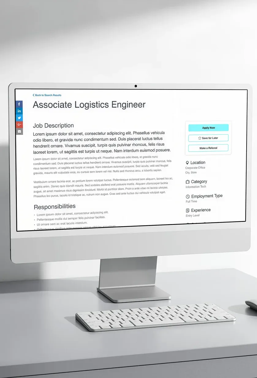 A job details page design on a desktop monitor, with the role title, a description, responsibilities, qualifications and Apply Now buttons.