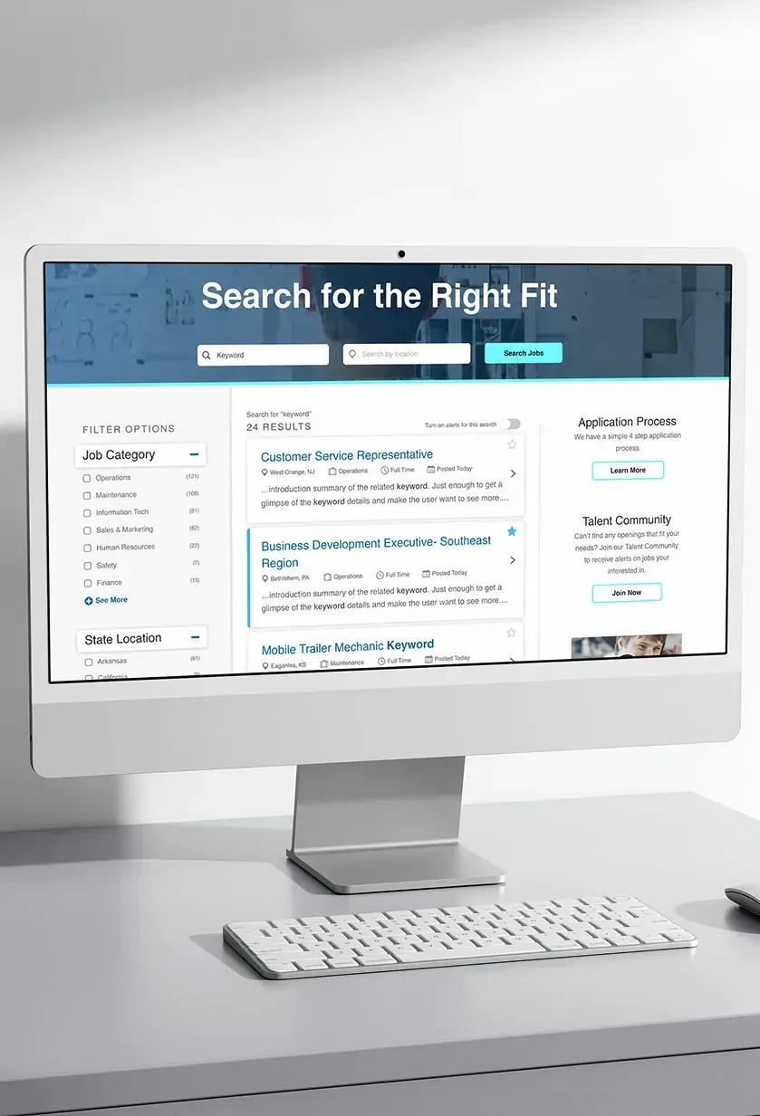 A job search results page design on a desktop monitor, with filters on the left, a list of matching jobs, and application help on the right.