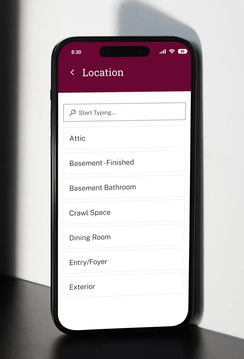 The Location picker listing rooms such as attic, basement, crawl space and dining room.