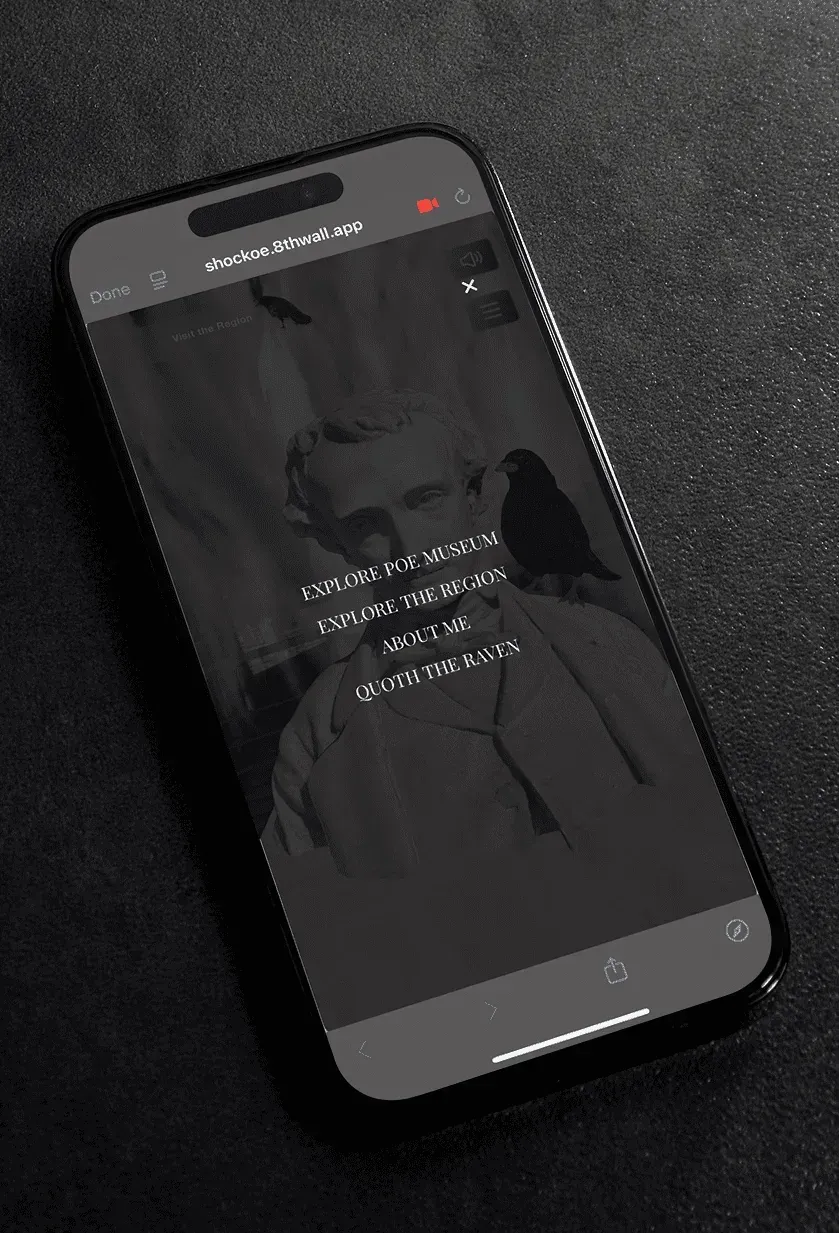 The augmented reality menu with options to explore the Poe Museum, explore the region, learn about Poe, and hear lines from The Raven.
