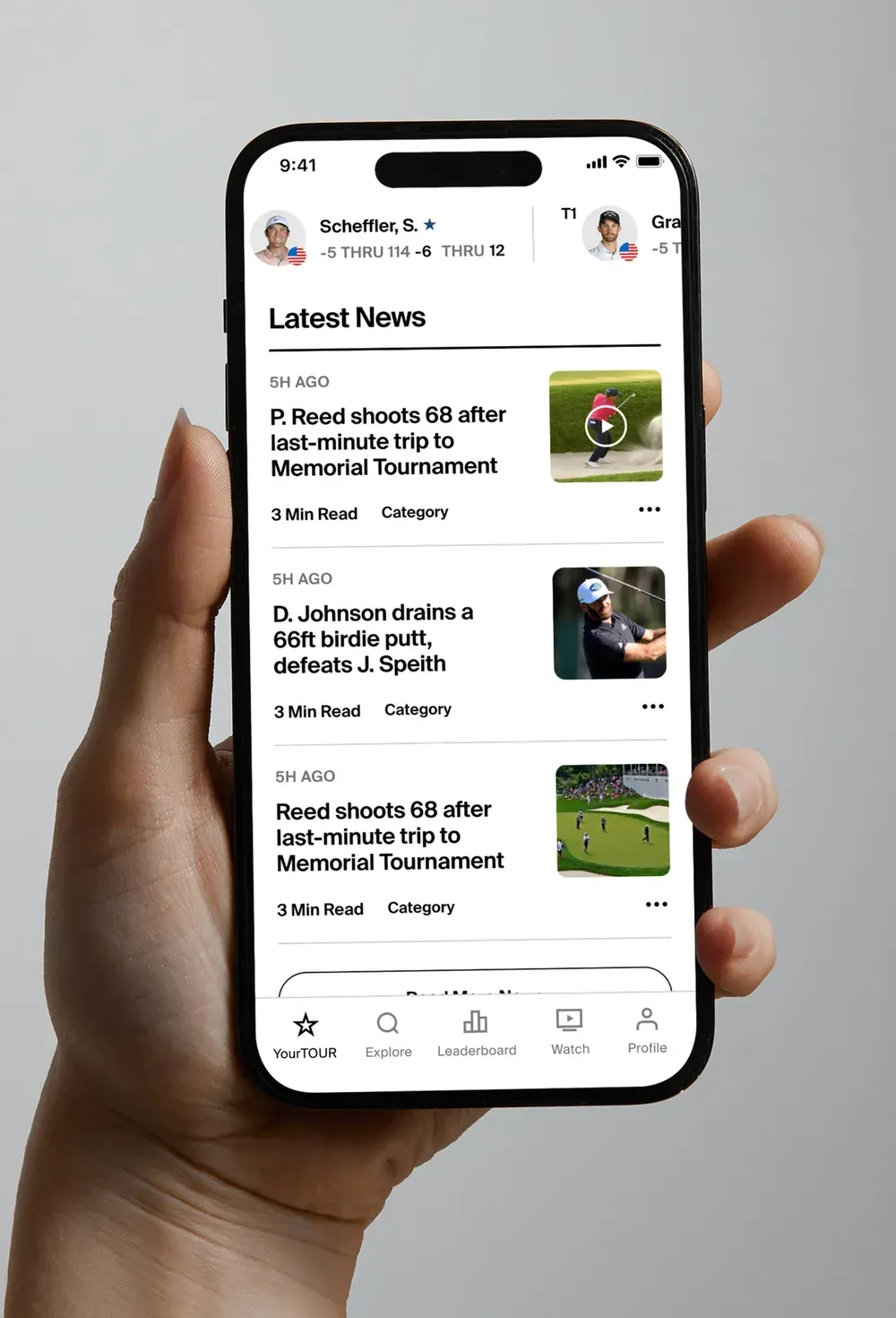The Latest News screen listing recent stories with video thumbnails, reading time, and a leaders strip above.