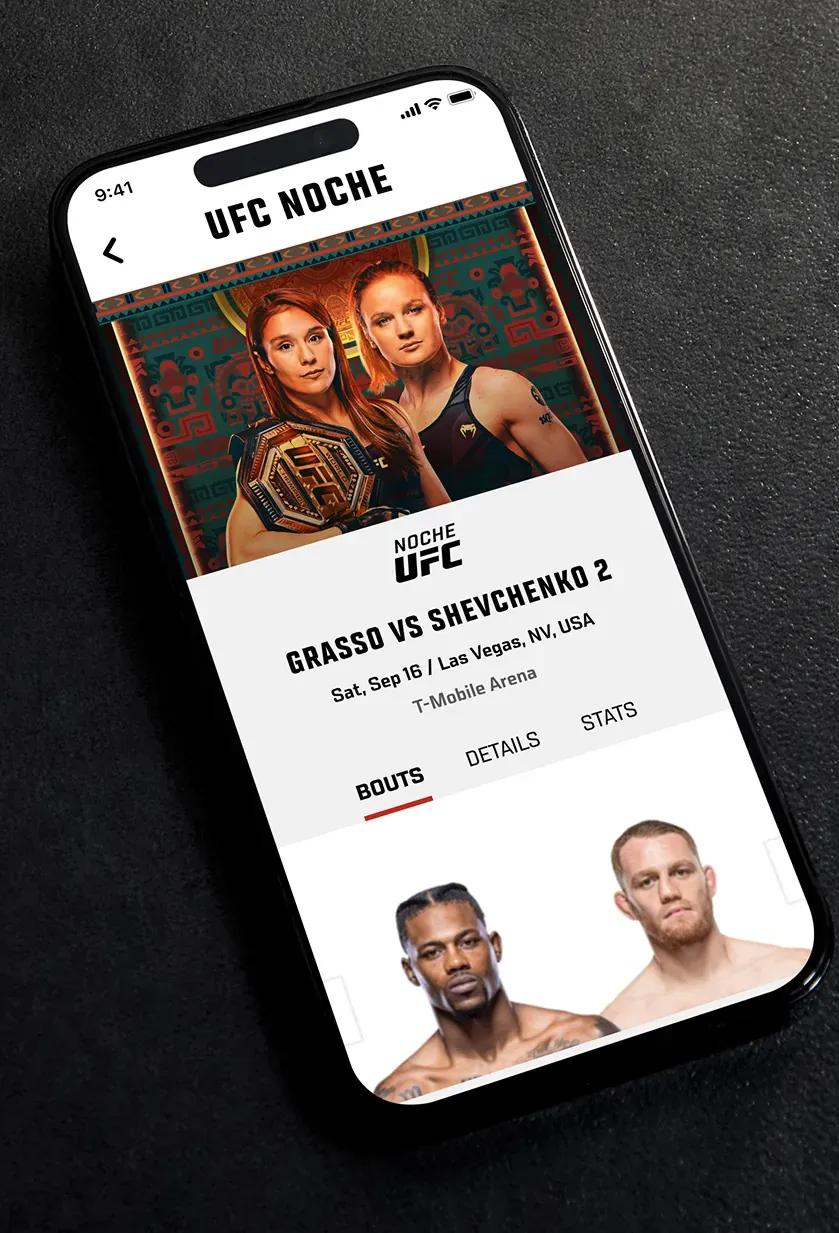 An event page with the main event artwork, the fight card, and tabs for bouts, details, and stats.