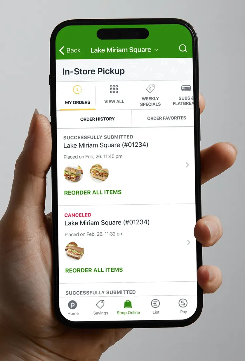 The In-Store Pickup screen with order history, submitted and canceled orders, and a Reorder All Items button.