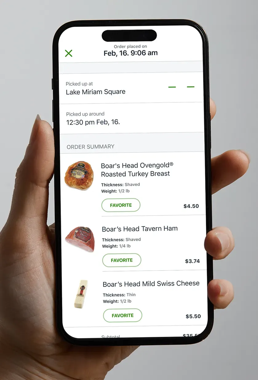 An order summary showing the store, the pickup time, and three deli items with their prices.