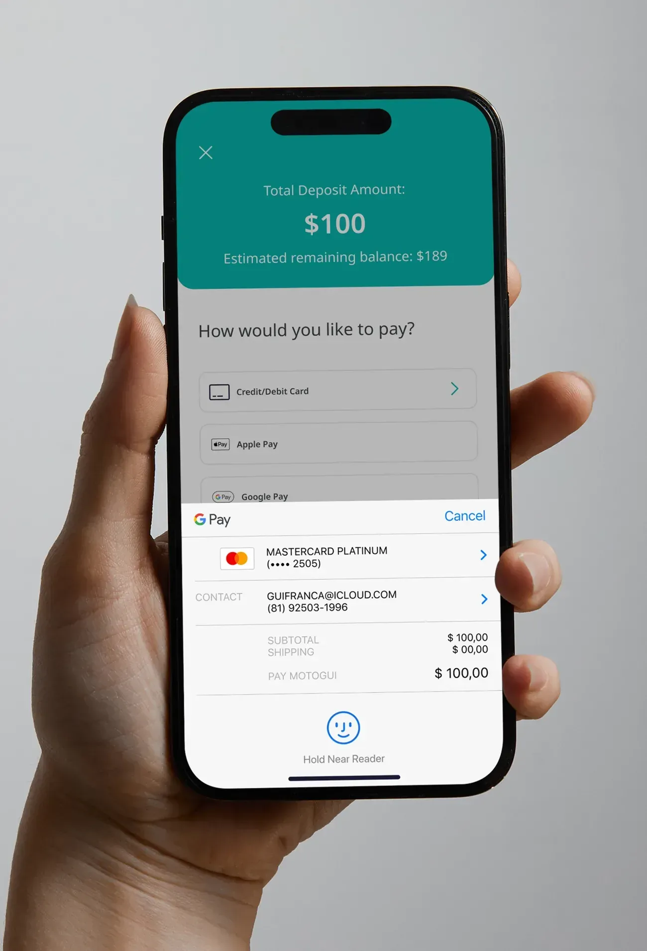 A payment screen in the app with a balance and payment options.