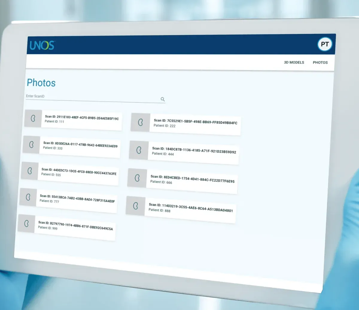 The web viewer on a tablet, showing a searchable list of organ scans, each with a scan ID and a patient ID.