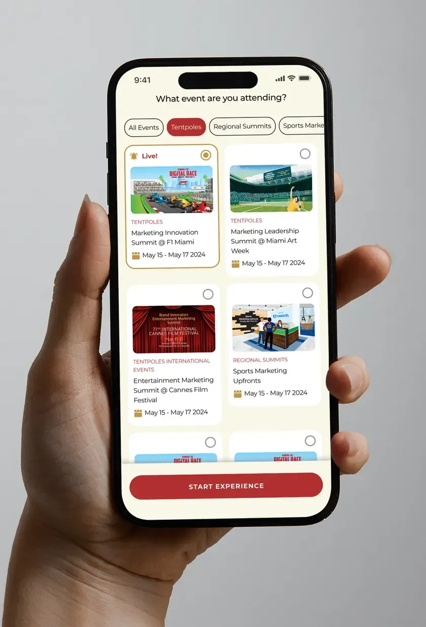The event picker listing live and upcoming events to select.