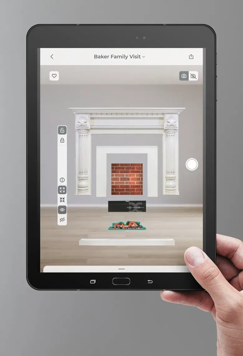 A traditional white mantel fireplace placed at true scale in a room, with editing tools down the left side.