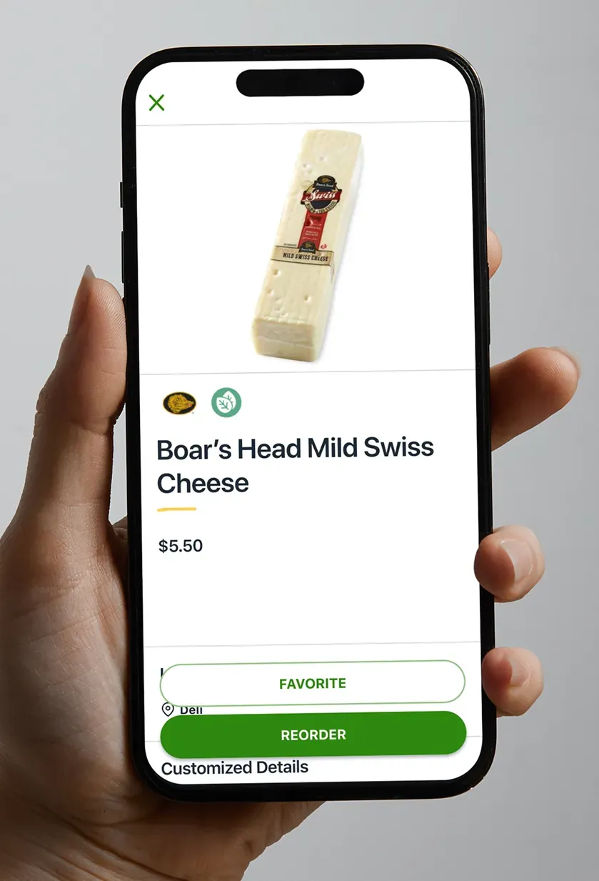 A deli product page with the price, a Favorite button, and a Reorder button.