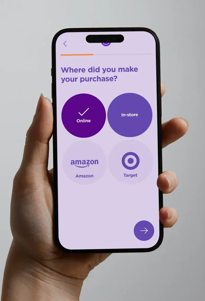 A concept onboarding screen asking where the customer made their purchase, with options for online, in-store and two retailers.