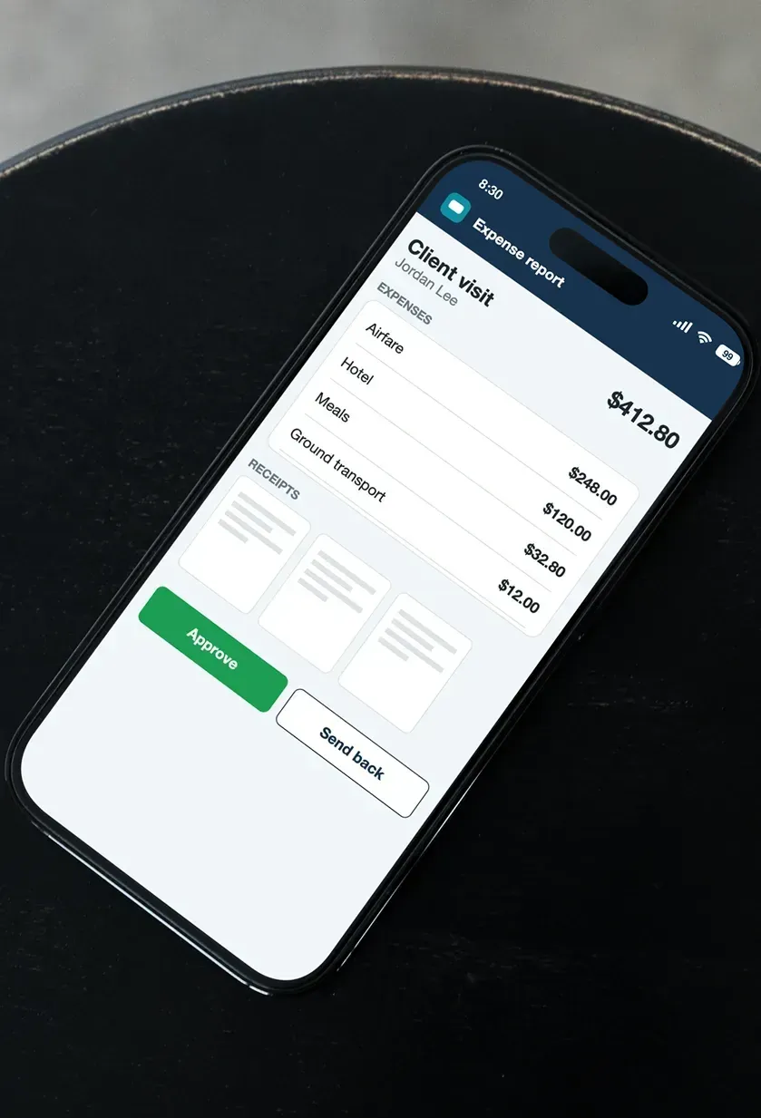 A phone showing an expense report with line items, receipt thumbnails, and Approve and Send back buttons.