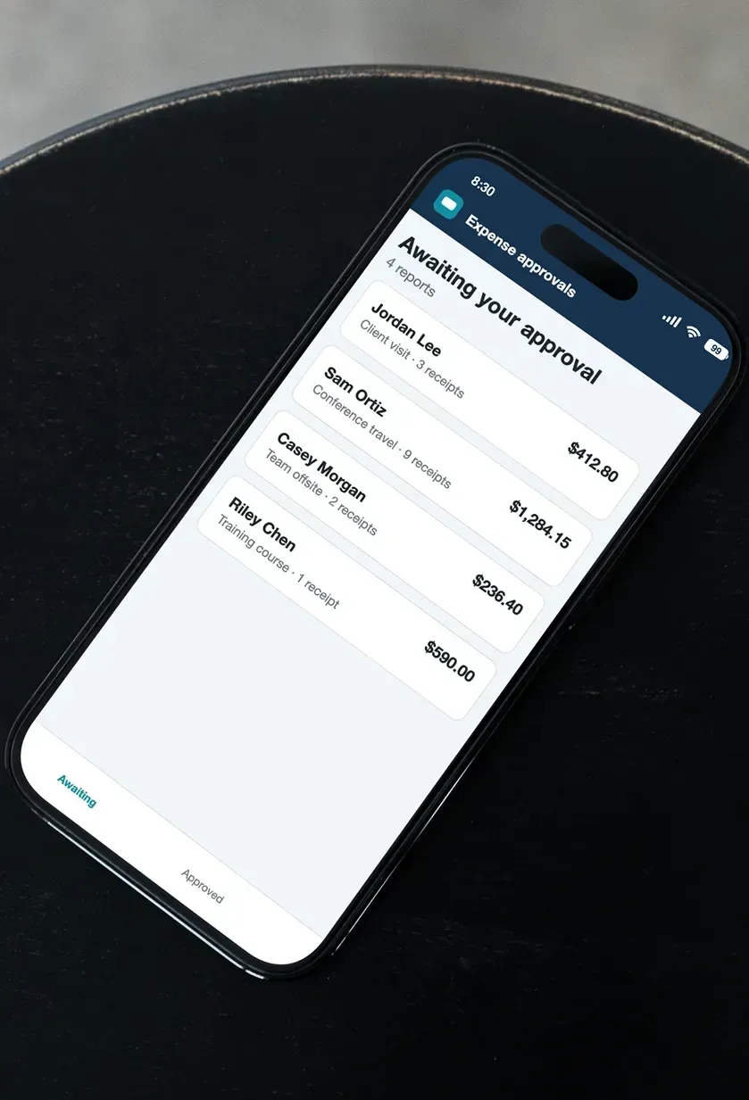 A phone showing expense reports awaiting approval with the employee, purpose, amount and receipt count.