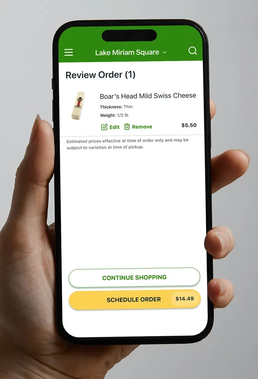 The Review Order screen with one item, a Continue Shopping button, and a Schedule Order button showing the total.