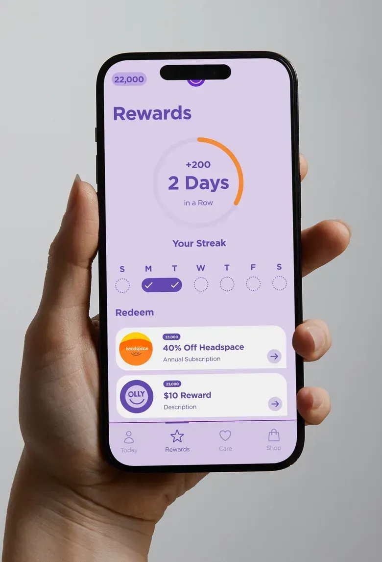 A concept rewards screen with a streak counter, progress ring and reward offers to redeem.