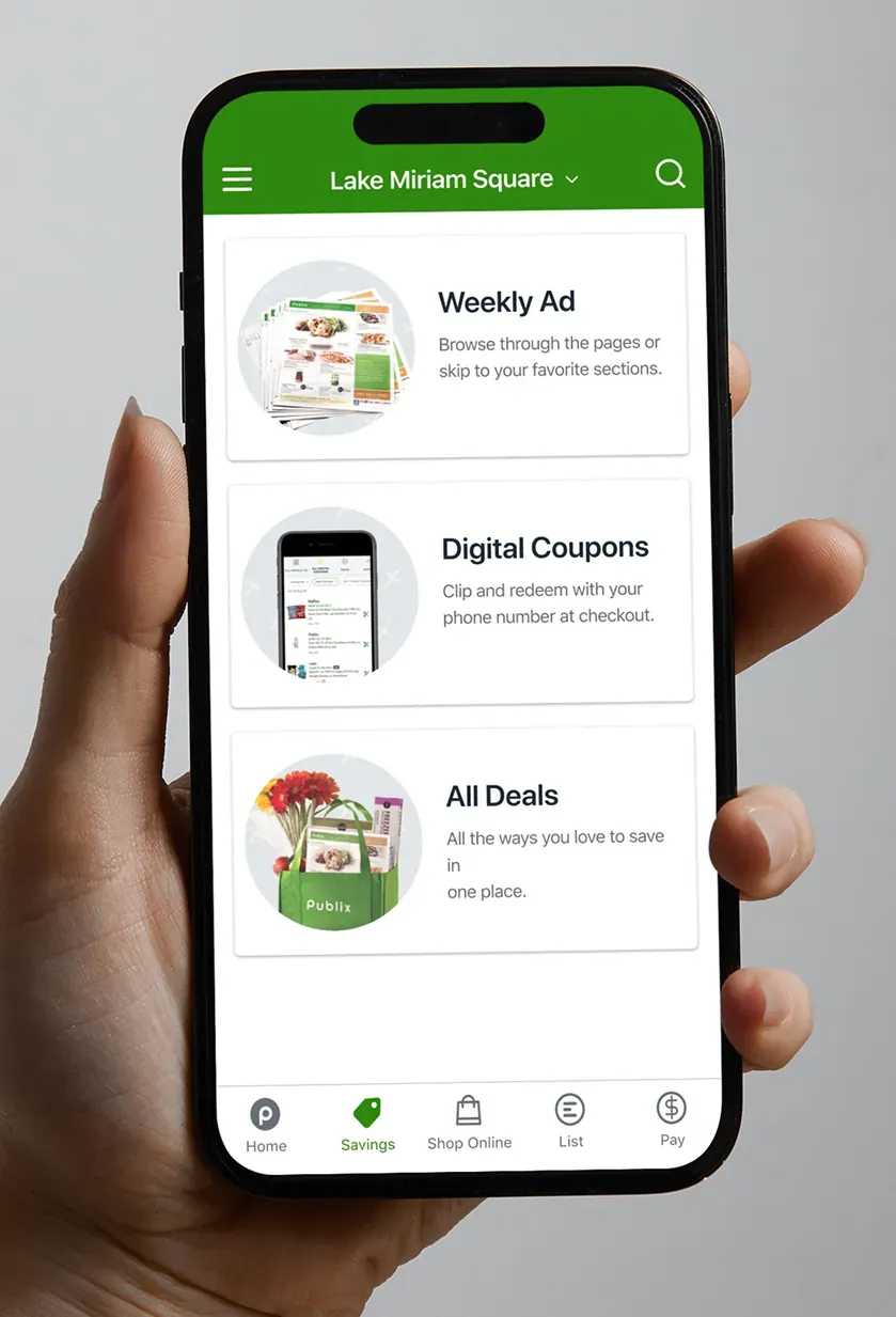 The Savings screen listing the weekly ad, digital coupons, and all deals.