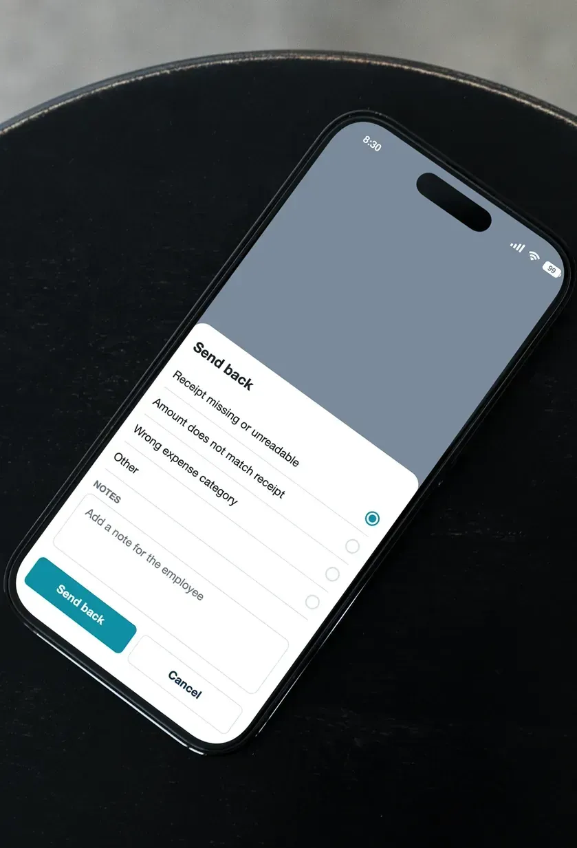A phone showing a bottom sheet with preset reasons for sending a report back and a notes field.
