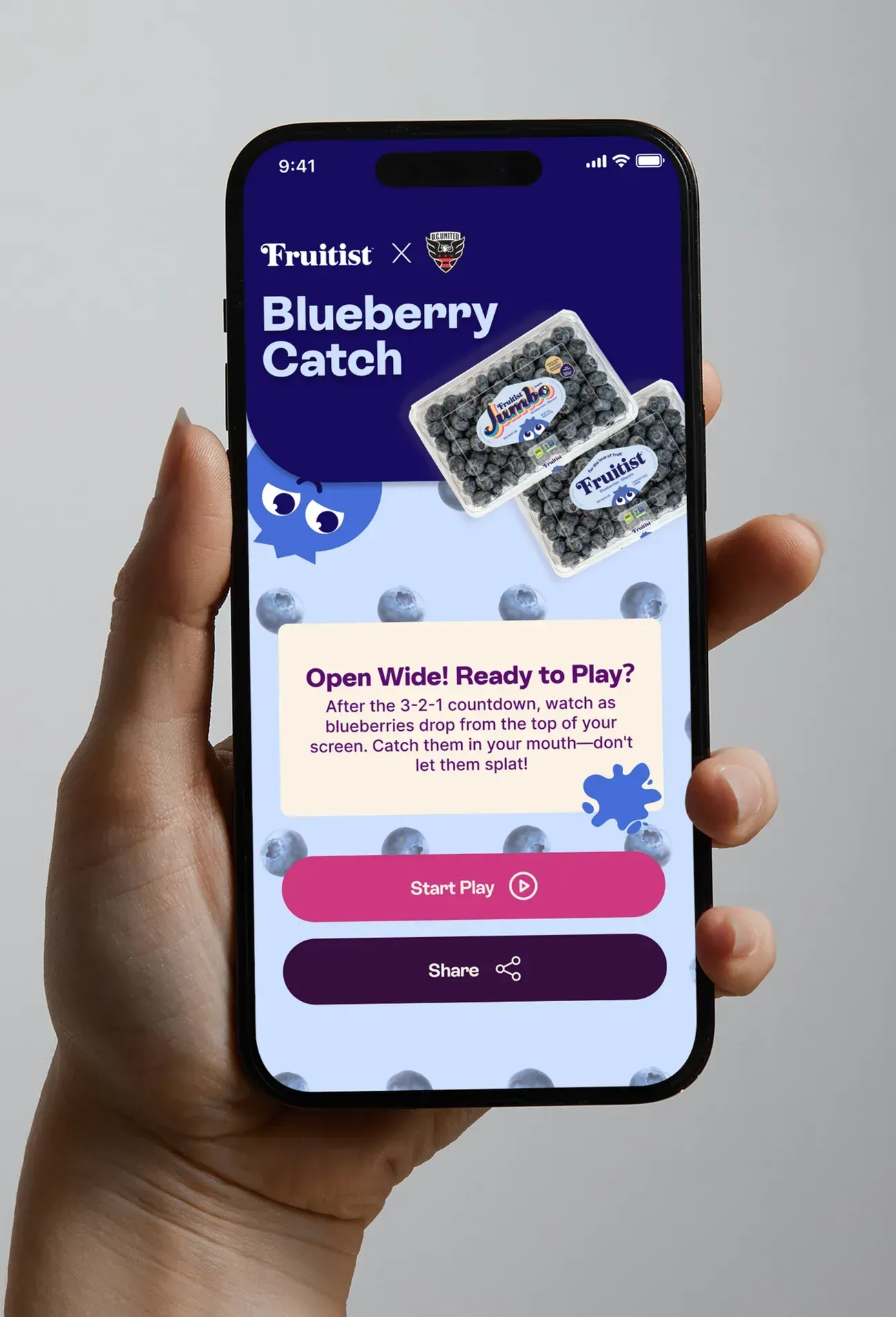 The Blueberry Catch start screen with instructions to open wide and catch the falling blueberries.