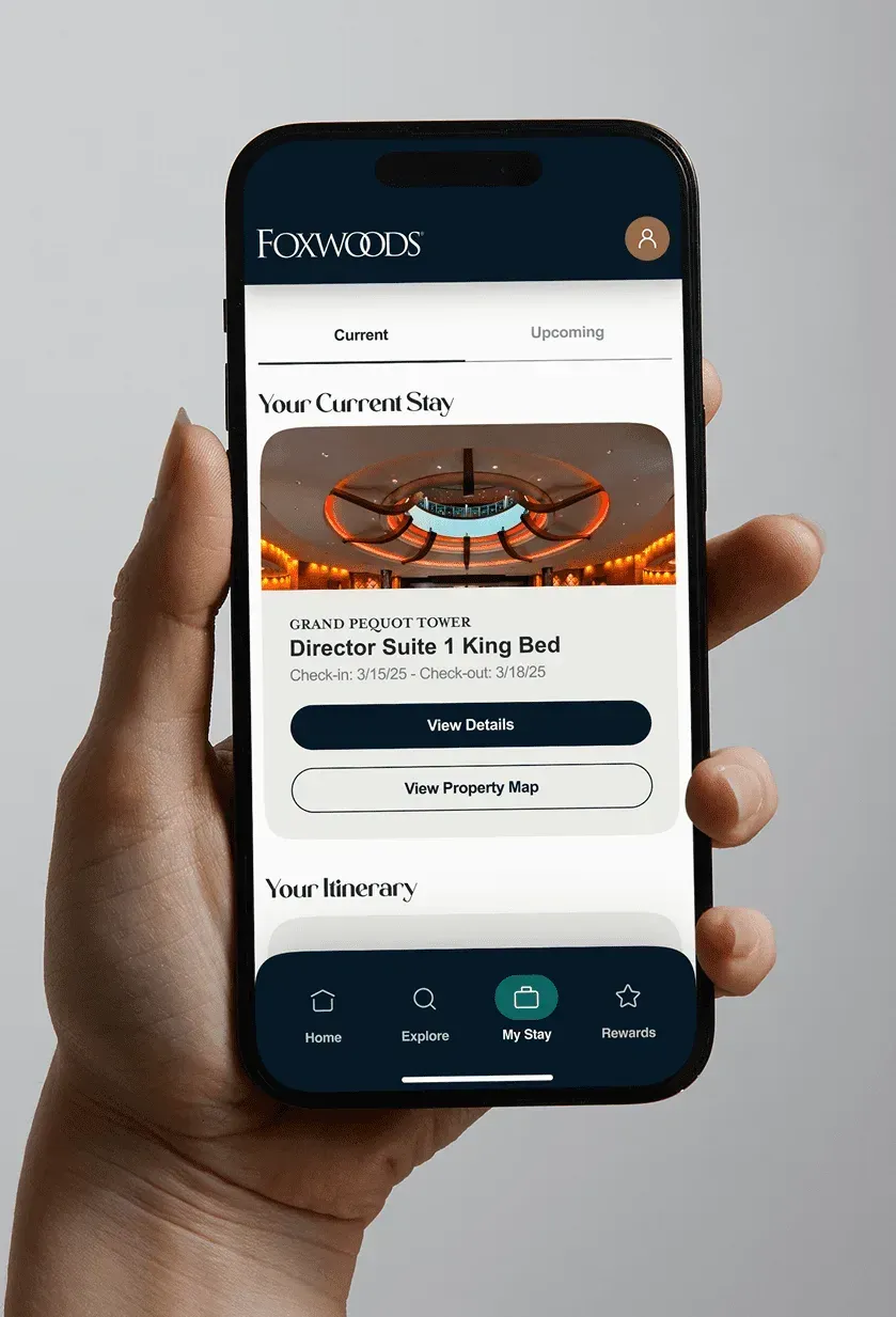 The mobile app's My Stay screen with the current room and the trip itinerary.