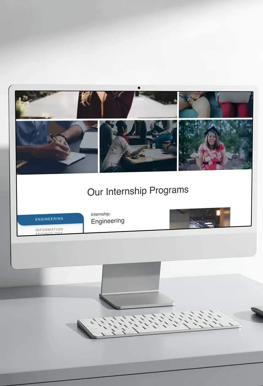A students page design on a desktop monitor, with a photo grid of college students and a section on internship programs by field.