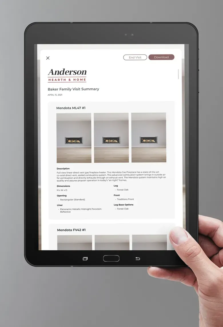A visit summary listing the selected fireplaces with images and details, with buttons to email or download.