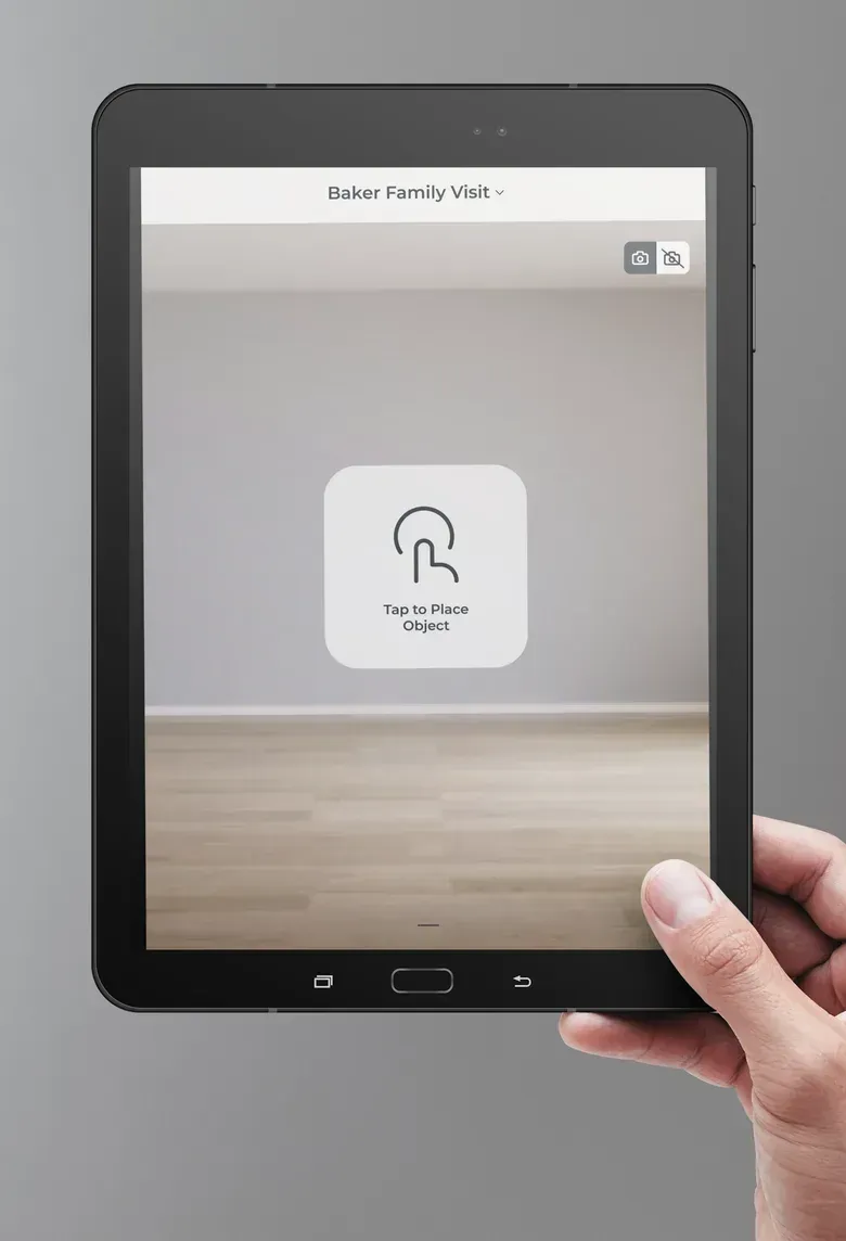 The visualizer asking the user to tap to place a fireplace in an empty room on a tablet.