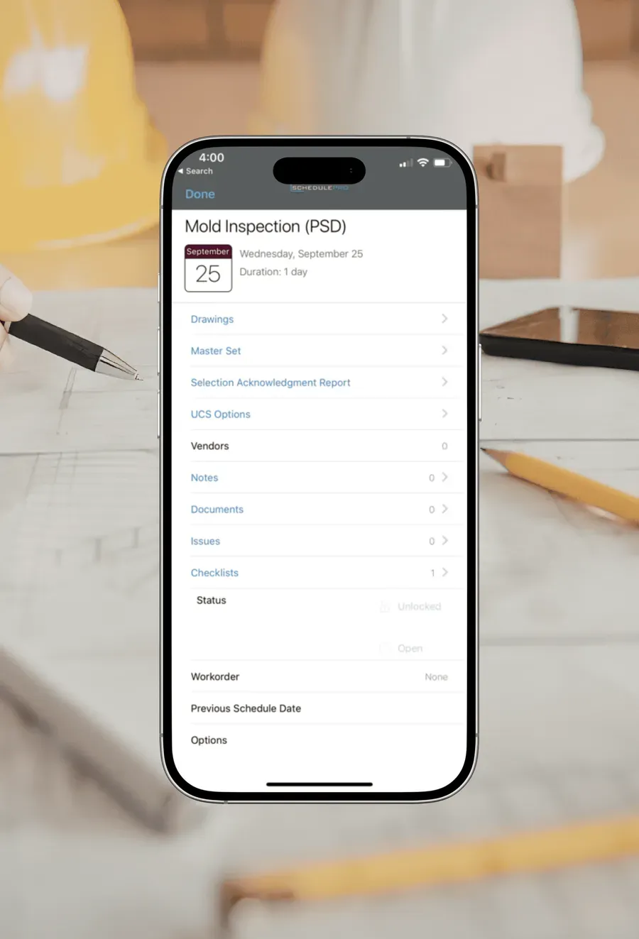 A task detail screen with drawings, notes, documents, issues, checklists and status.