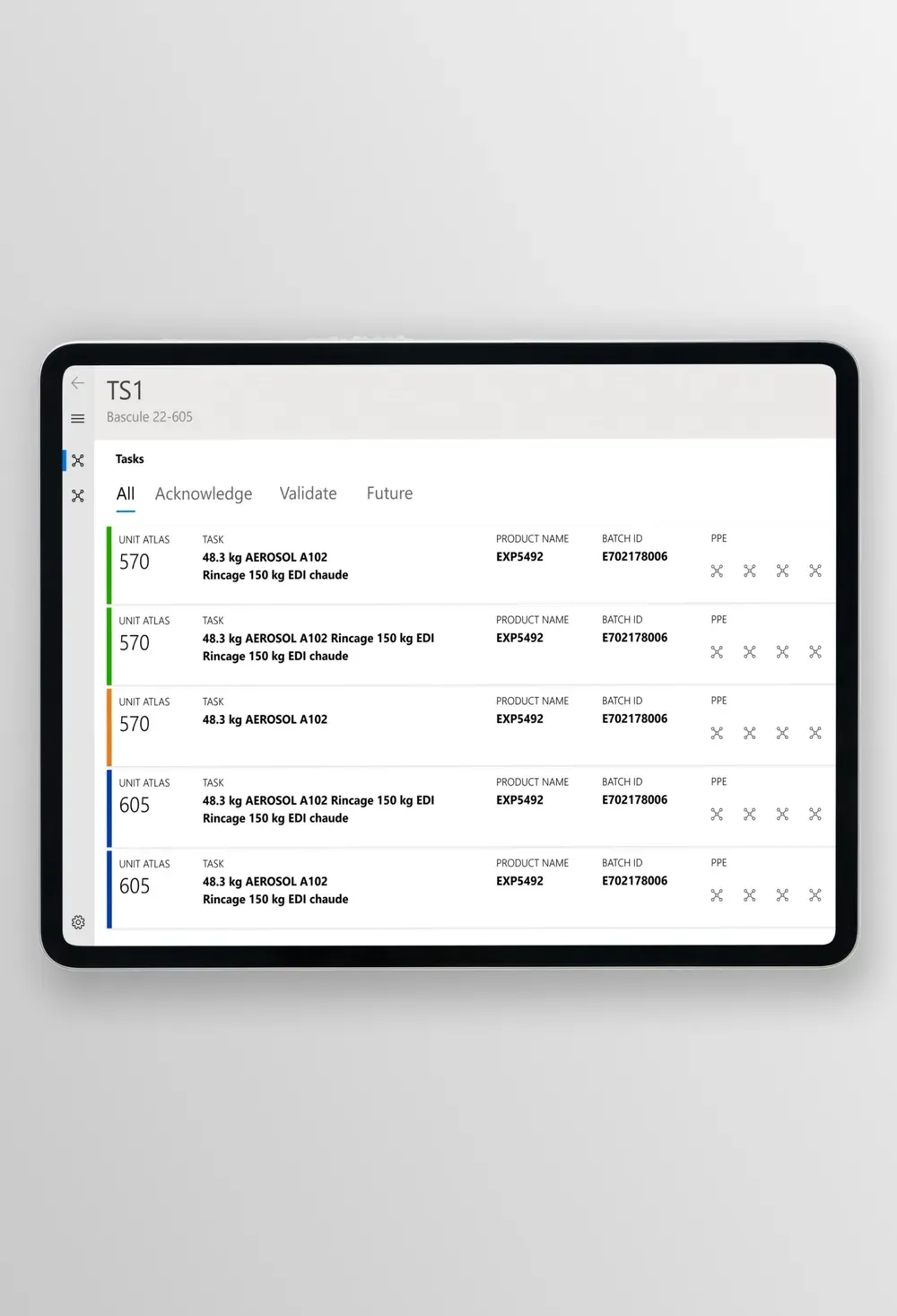 The task list on a tablet, with each charging task listed by product name, batch ID, and protective equipment required.