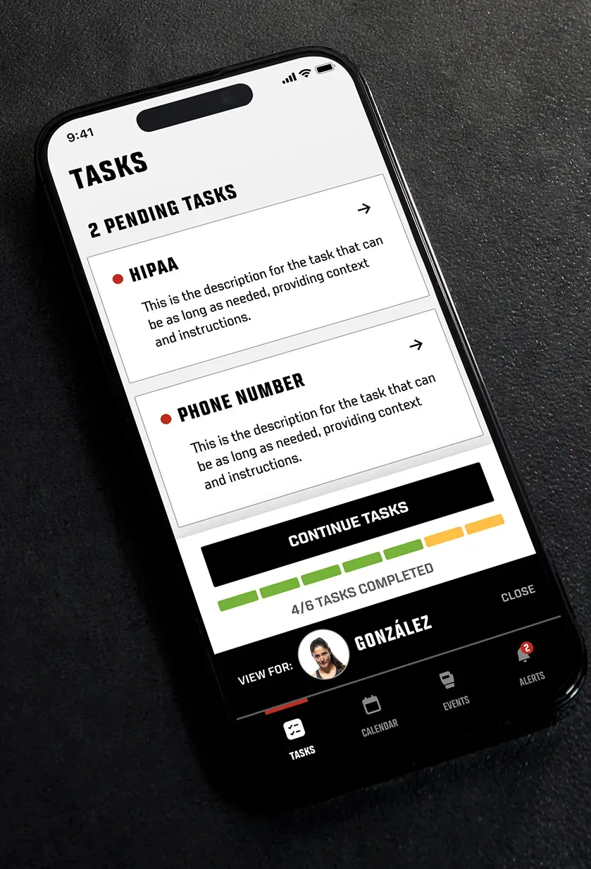 The Tasks screen showing two pending tasks, a progress bar of completed tasks, and a switch to view tasks on behalf of a fighter.