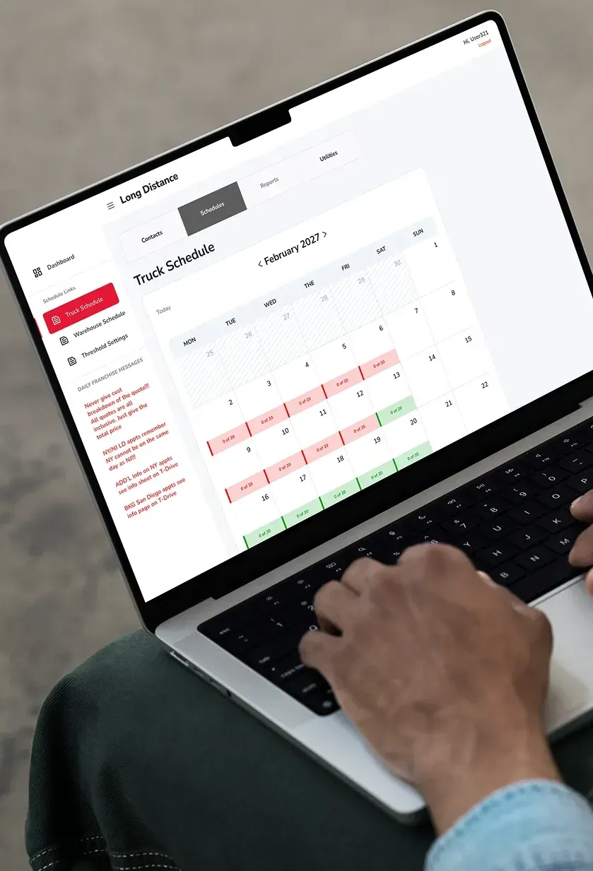 The truck schedule on a laptop, a monthly calendar with each day marked by booked capacity, and a menu that includes warehouse schedule and threshold settings.