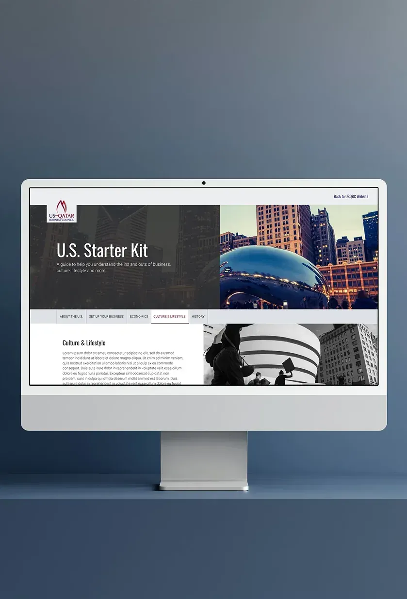 The U.S. Starter Kit page on a desktop monitor, with tabs for culture and lifestyle and other guides to doing business in the US.